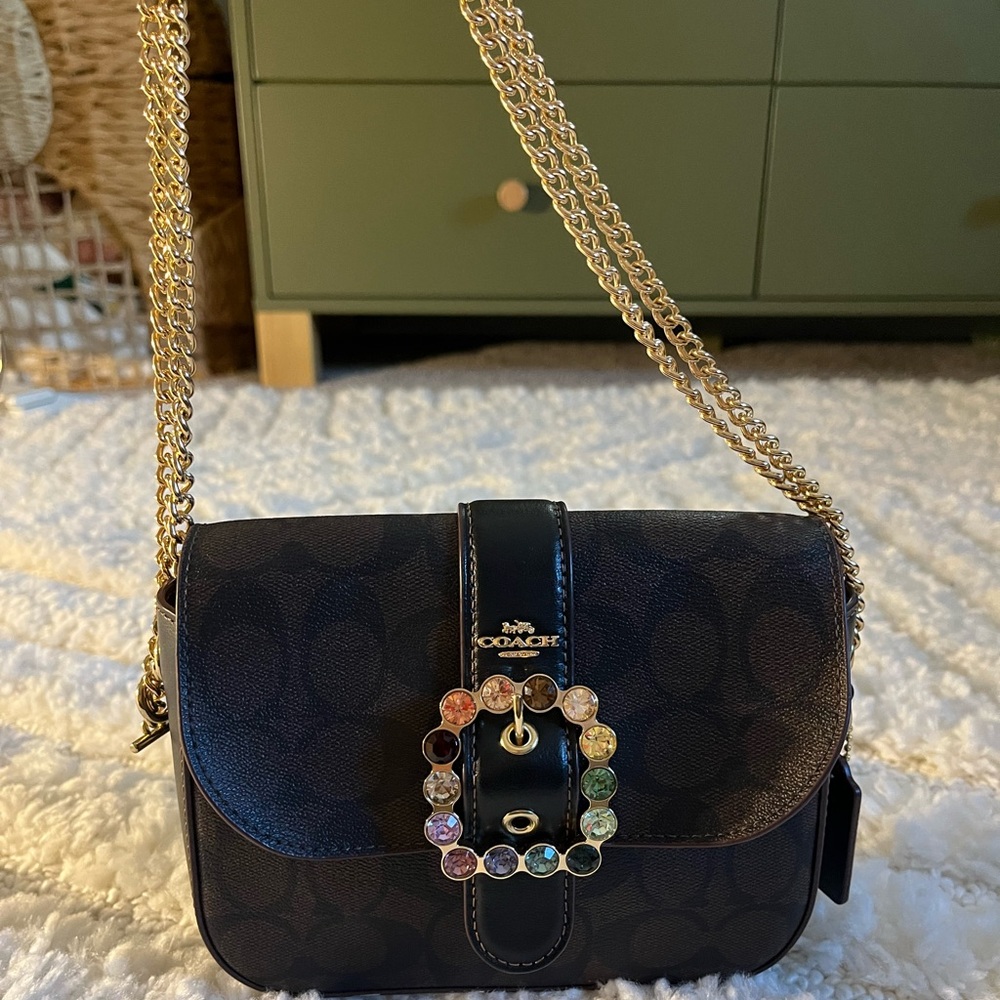 Coach Crossbody Bag with Gold Chain and Colorful Buckle